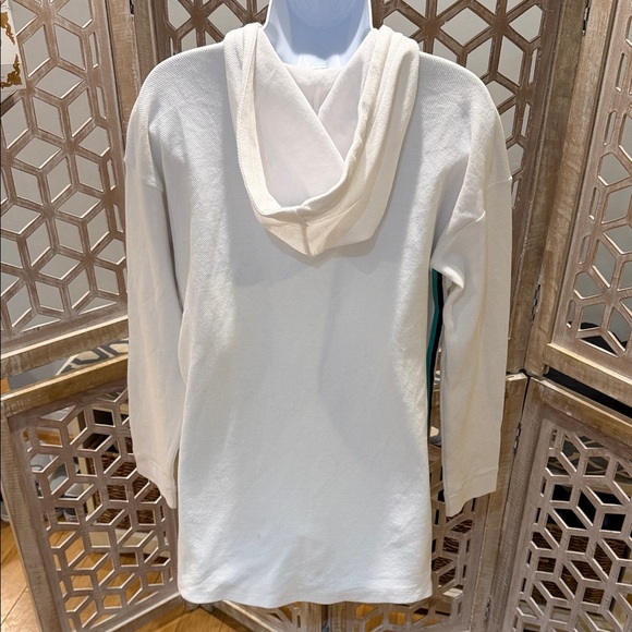 T by Talbots HOODED HALF-ZIP PIQUÉ PULLOVER White with Teal & Black Stripe Med - Picture 6 of 9